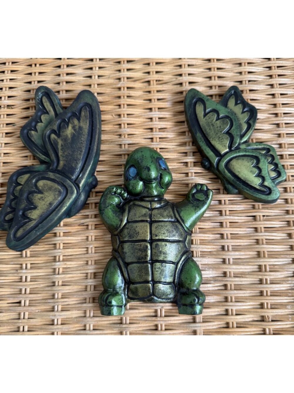 Vintage 1970s Green Metallic Chalkware Wall Decor Kitschy Turtle Butterflies